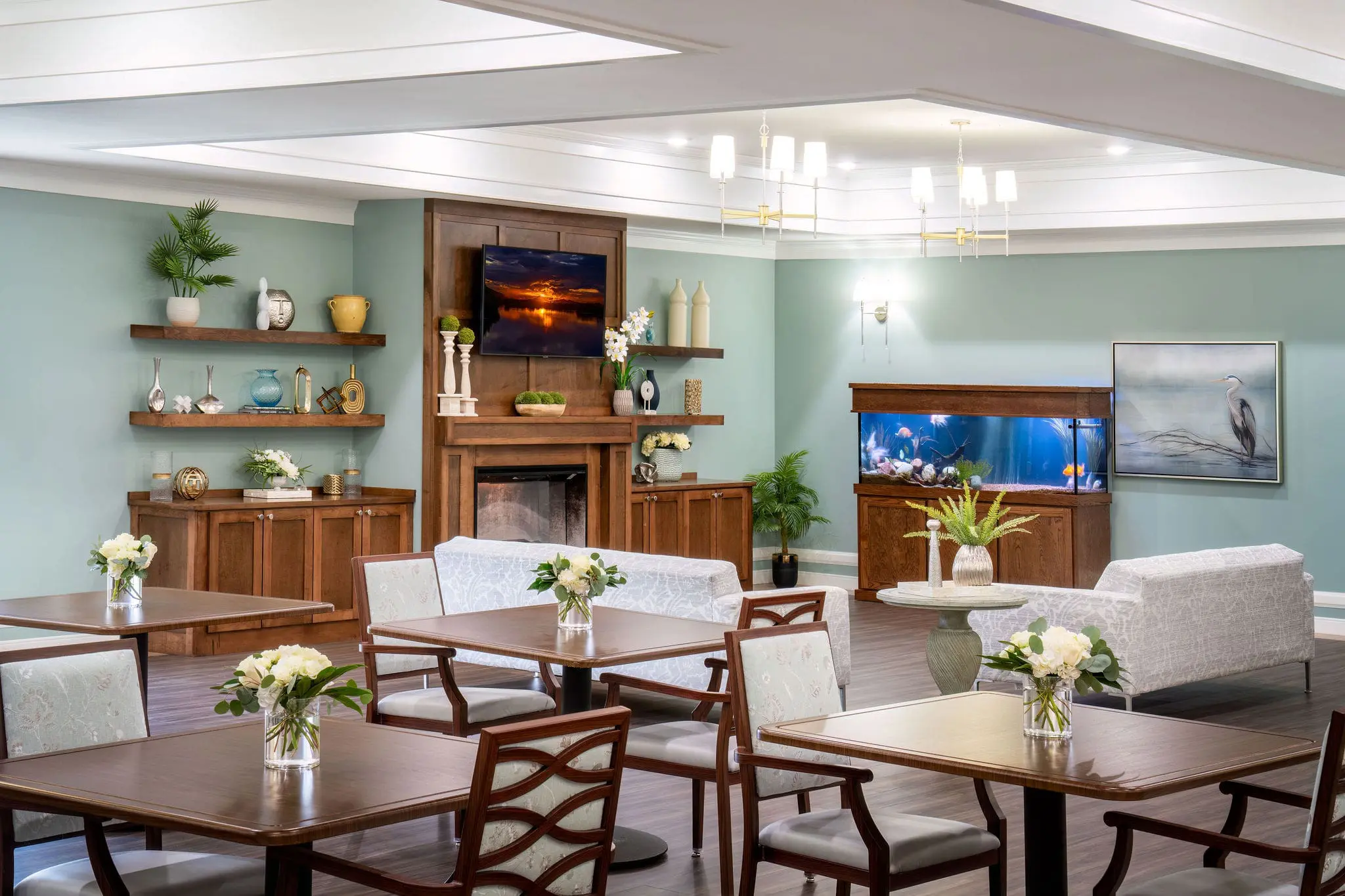 Living space with fish tank and seating